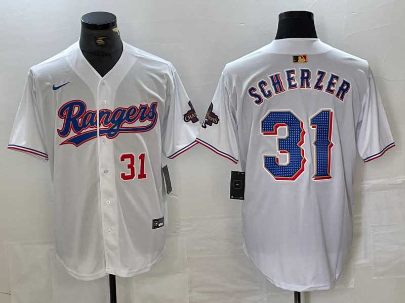 Mens Texas Rangers #31 Max Scherzer Number White 2023 World Series Champions Cool Base Jersey